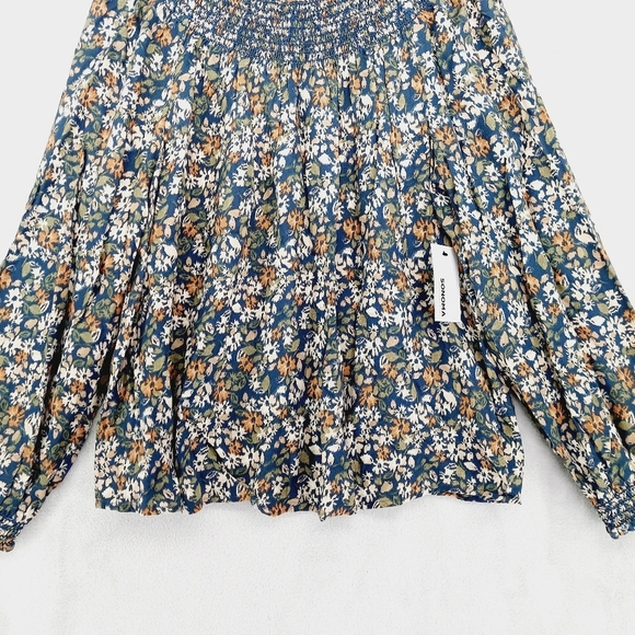 New Sonoma Blue Floral Elastic Scoop Neck Long Sleeves Blouse P600 - Picture 2 of 9